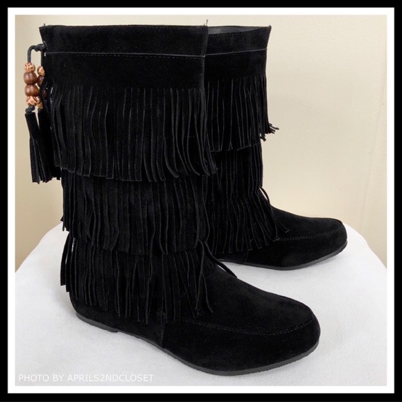 BLACK SIZE 11 FRINGE BOOTS BOHO FLAT BOOTIES A2C - Picture 4 of 8